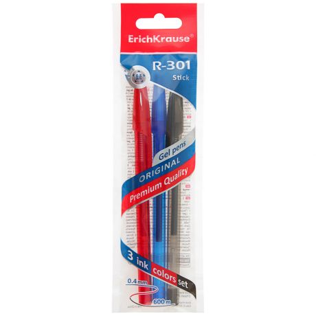 Ручка гелевая ErichKrause R-301 Original Gel Stick 0.5 Синяя-черная-красная 3 штуки