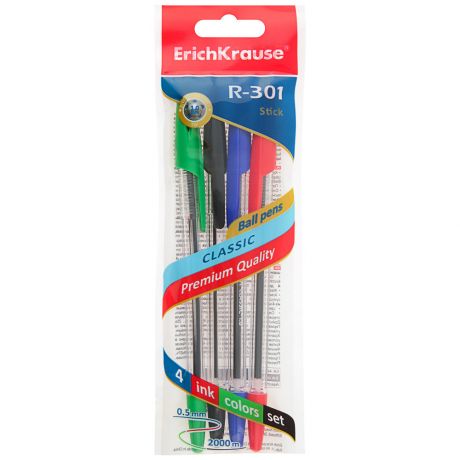 Ручка шариковая ErichKrause R-301 Classic Stick 1.0 Синяя-черная-красная-зеленая 4 штуки