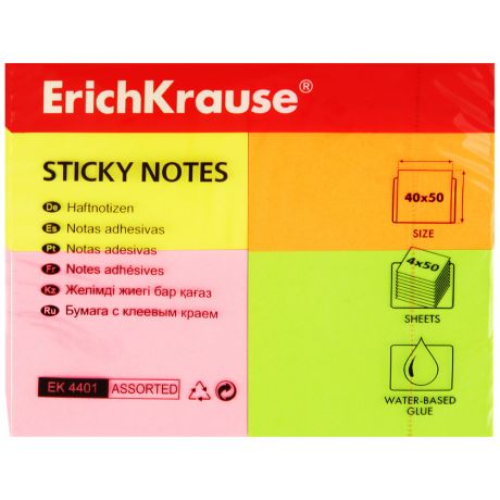 Бумага для заметок ErichKrause Neon с клеевым краем 40х50 мм 200 листов 4 цвета