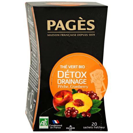 Чай Pages Detox Drainage Bio зеленый с ароматом персика и клюквы 20 пакетиков по 1.8 г