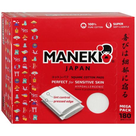 Подушечки ватные косметические Maneki Lovely прямоугольные с пресс-линиями 180 штук