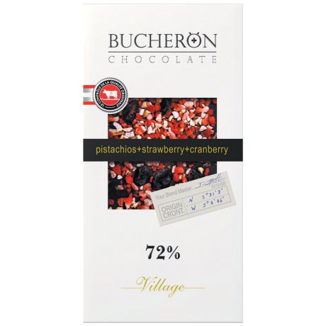 Шоколад горький Bucheron с клюквой, клубникой и фисташками 72% в картоне 100г