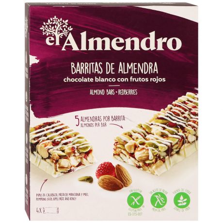 Батончик ореховый из миндаля и фундука El Almendro с белым шоколадом и красными ягодами 4 штуки по 25 г