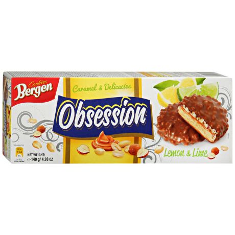 Печенье Bergen Obsession Лимон с карамелью, сушенными фруктами и орехами в молочном шоколаде 140 г
