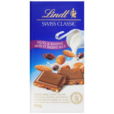 Шоколад Lindt Swiss Classic молочный с изюмом фундуком и миндалем 100 г