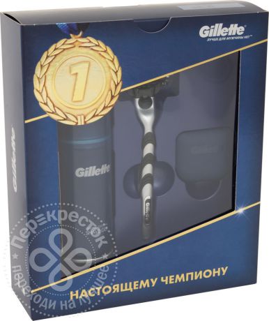 Подарочный набор Gillette Настоящему чемпиону Бритва с 1 сменной кассетой защитный копачек и Гель для бритья Fusion 75мл