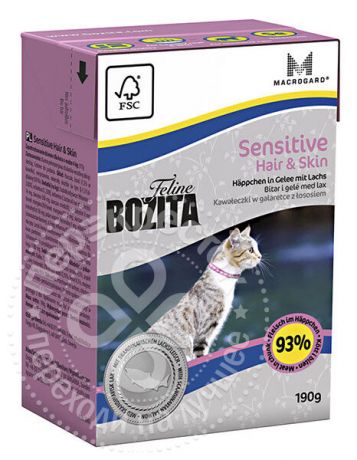 Корм для кошек Bozita Sensitive Hair&Skin кусочки в желе с лососем 190г (упаковка 6 шт.)