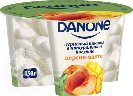 Творог зерненый Danone в йогурте и фруктовый наполнитель персик-манго 5% 150г