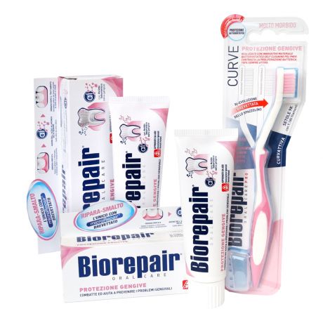 Biorepair Набор Уход за чувствительными дёснами: Зубная паста Gum Protection, 75 мл х 2 шт. + Зубная щетка CURVE Protezione Gengive (Biorepair, Ежедневная забота)