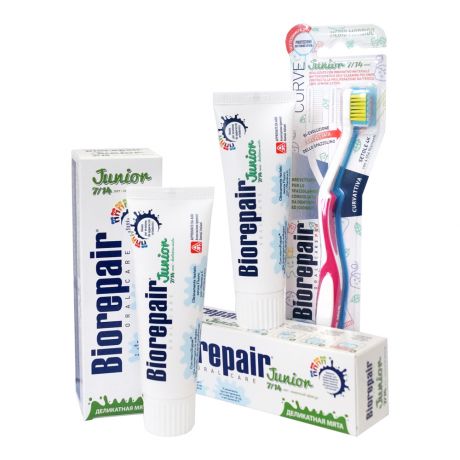 Biorepair Набор Junior: Детская зубная паста для детей 7-14 лет Biorepair Junior Mint, 75 мл х 2 шт. + Детская зубная щетка для детей 7-14 лет Biorepair CURVE Junior (Biorepair, Детская гамма)