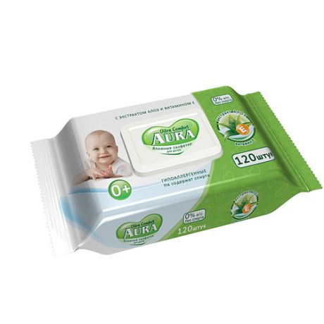 Aura Влажные салфетки для детей Ultra Comfort с экстрактом алоэ и витамином Е 120 шт с крышкой (Aura, Влажные салфетки)