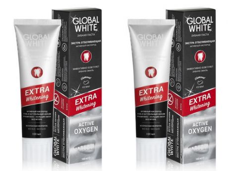 Global white Набор Зубная паста Extra whitening. Active oxygen "Экстра отбеливающая. Активный кислород" 30 мл*2 штуки (Global white, Зубные пасты)