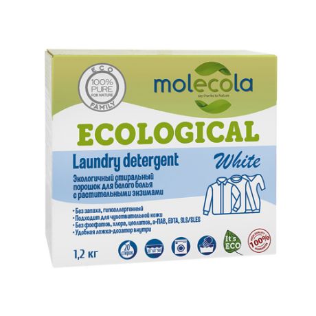 Molecola Стиральный порошок для белого белья с растительными энзимами экологичный 1,2 кг (Molecola, Для стирки)
