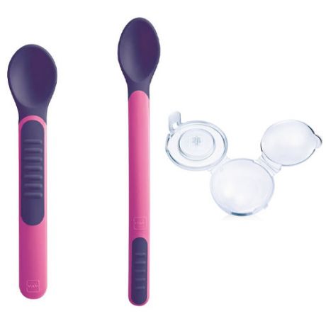 MAM Ложки для кормления Feeding Spoons & Cover с защитным футляром розовые 6+ месяцев 2 штуки (MAM, Столовые приборы)