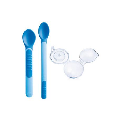 MAM Ложки для кормления Feeding Spoons & Cover с защитным футляром голубые 6+ месяцев 2 штуки (MAM, Столовые приборы)