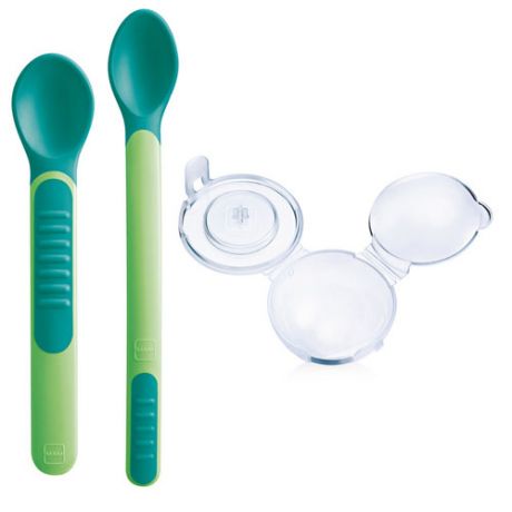 MAM Ложки для кормления Feeding Spoons & Cover с защитным футляром зеленые 6+ месяцев 2 штуки (MAM, Столовые приборы)