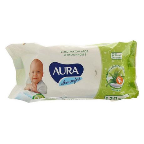 Aura Влажные салфетки для детей Ultra Comfort с экстрактом алоэ и витамином Е, 120 шт без крышки (Aura, Влажные салфетки)