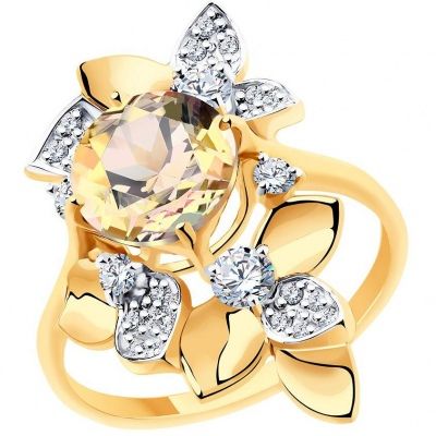 Кольцо Цветы с топазом и кристаллами swarovski из красного золота