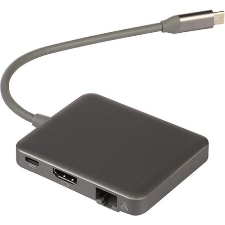 2-port Type-C Hub Qumo HB-0002 (USB 3.0 F x 2 / HDMI 19F / RJ45 F) Серый