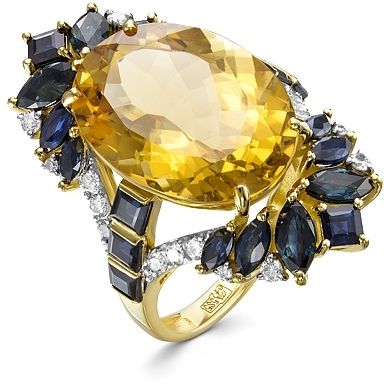 Кольцо с кварцем, сапфирами и бриллиантами из жёлтого золота