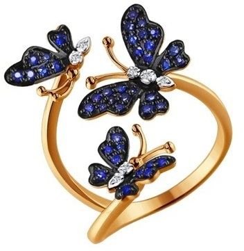 Кольцо Бабочки с сапфирами и бриллиантами из красного золота