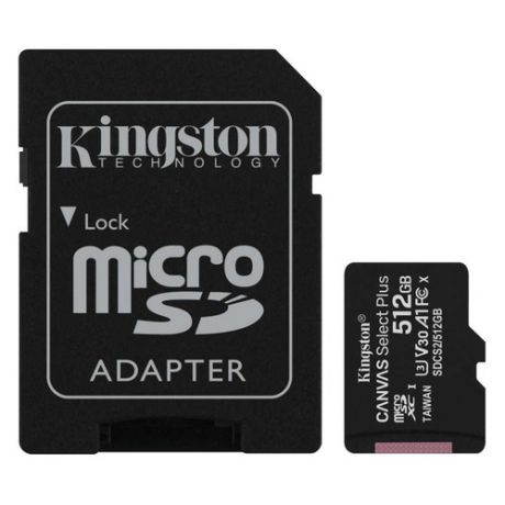 Карта памяти microSDXC UHS-I U3 KINGSTON Canvas Select Plus 512 ГБ, 100 МБ/с, SDCS2/512GB, 1 шт., переходник SD