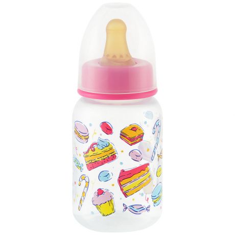 Бутылочка детская Курносики с орнаментом крышкой и латексной соской хедер розовая125 мл