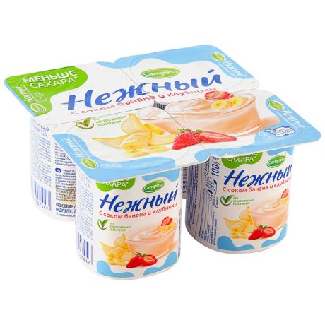 Продукт йогуртный Campina Нежный с соком Банан-Клубника 1.2% 4 штуки по 100 г