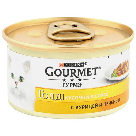 Корм влажный Gourmet Gold кусочки в подливке с курицей и печенью для кошек в железной банке 85 г