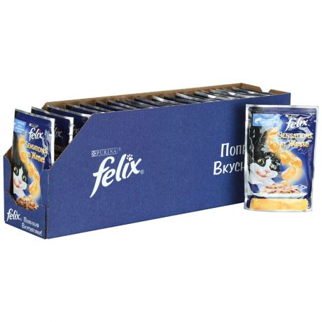 Корм влажный Felix Sensations в желе с лососем и вкусом трески для кошек 24 штуки по 85 г