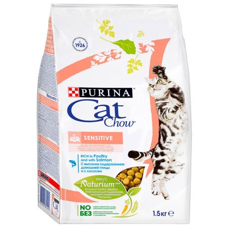 Корм сухой Cat Chow с домашней птицей и лососем при чувствительном пищеварении для взрослых кошек 1.5 кг