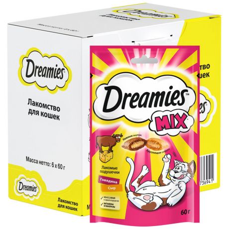 Лакомство Dreamies MIX с говядиной и сыром для кошек 6 штук по 60 г