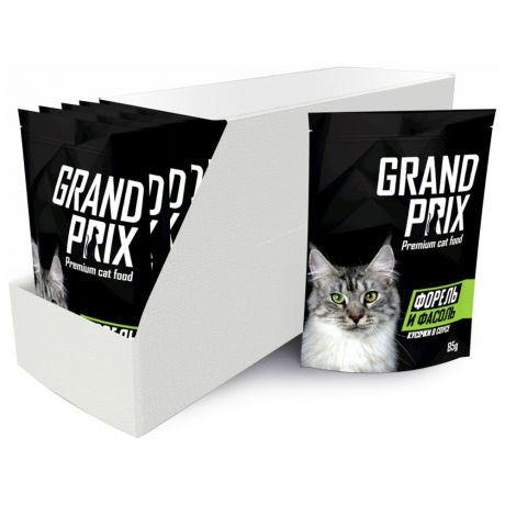 Корм влажный Grand Prix с кусочками в соусе с форелью и фасолью для кошек 24 штуки по 85 г