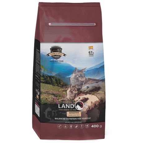 Корм сухой Landor полнорационный с ягненком и рисом при чувствительном пищеварении для взрослых кошек 400 г