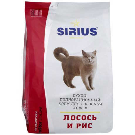 Корм сухой Sirius полнорационный с лососем и рисом для взрослых кошек 400 г