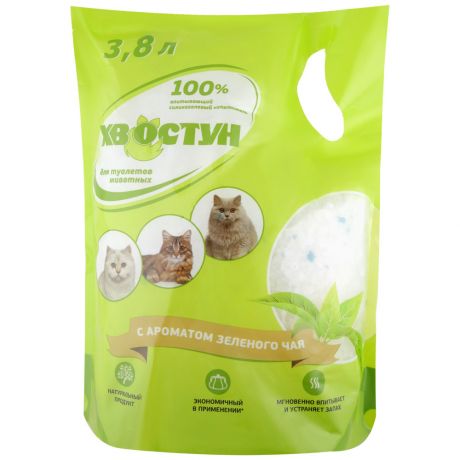 Наполнитель Хвостун силикагелевый с ароматом зеленого чая для домашних животных 3.8 л