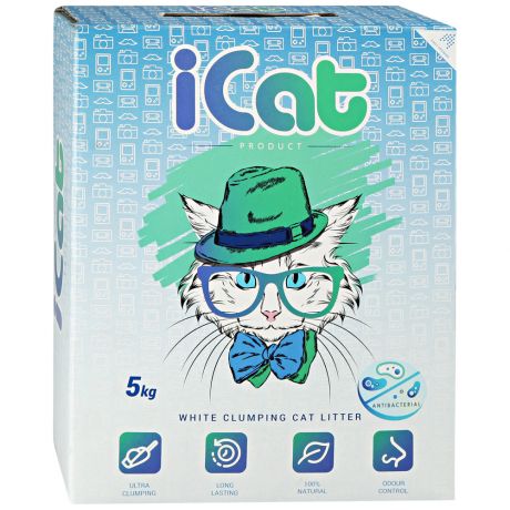 Наполнитель iCAT комкующийся антибактериальный белый для кошачьего туалета 5 кг