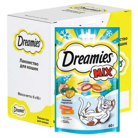 Лакомство Dreamies Mix с лососем и сыром для взрослых кошек 6 штук по 60 г