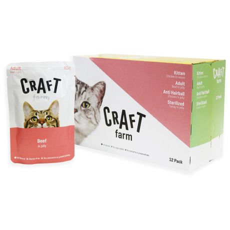 Корм влажный Craft Farm Adult в желе с говядиной для взрослых кошек 12 штук по 85 г