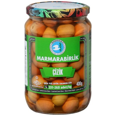Оливки Marmarabirlik Натуральные L зеленые с косточкой надрезаные Cizik в рассоле 710 г