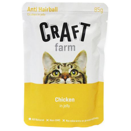 Корм влажный Craft Farm Anti Hairbal в желе с курицей для взрослых кошек 85 г