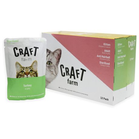 Корм влажный Craft Farm Sterelized в желе с индейкой для взрослых кошек 12 штук по 85 г