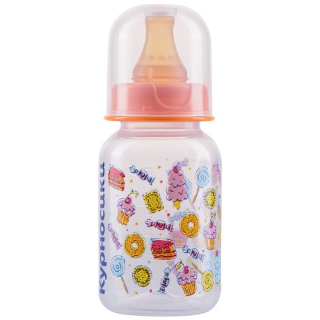 Бутылочка детская Курносики с орнаментом крышкой и латексной соской хедер оранжевая 125 мл