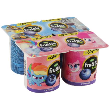 Продукт йогуртный Campina Fruttis с черникой обогащенный витаминами A D E для детей с 3 лет Hasbro 2% 4 штуки по 110 г