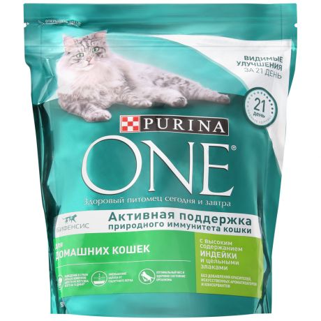 Корм сухой Purina One с индейкой и цельными злаками для домашних кошек 750 г