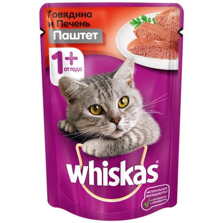 Корм влажный Whiskas паштет из говядины с печенью для кошек 85 г