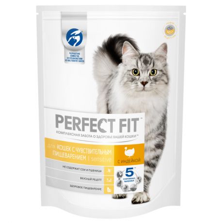 корм для кошек PERFECT FIT сухой с индейкой 650г чувствительное пищеварение