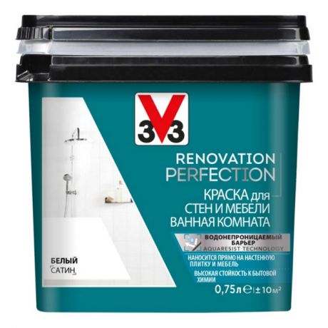 краска акриловая V33 Renovation Perfection для стен и мебели в ванной комнате 0,75л белая, арт.11970