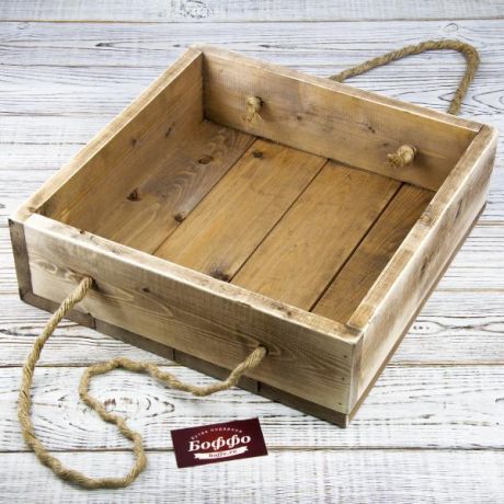 Ящик деревянный подарочный с верёвочными ручками. Premium (квадратный, 40 х 40 х 12 см)