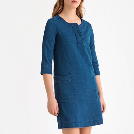 Платье LaRedoute Прямое короткое с рукавами 34 34 (FR) - 40 (RUS) синий